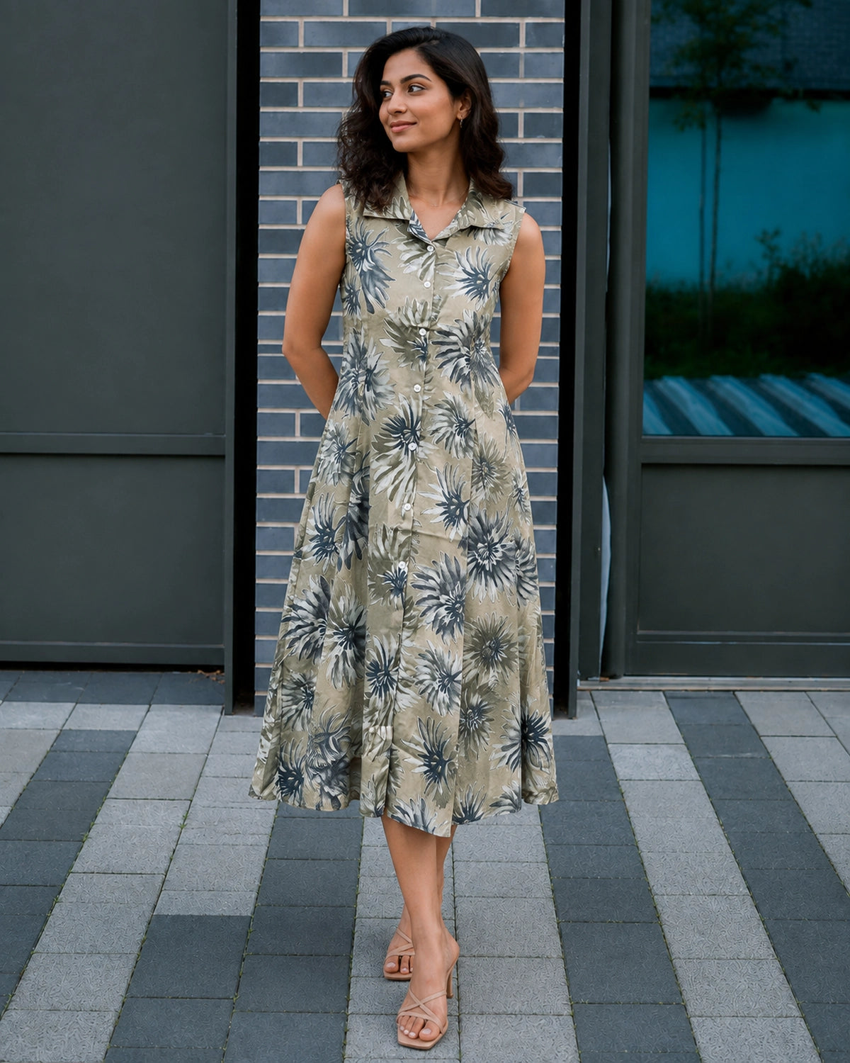 Tropical Leaf Print Sleeveless Collared Rayon Midi Dress