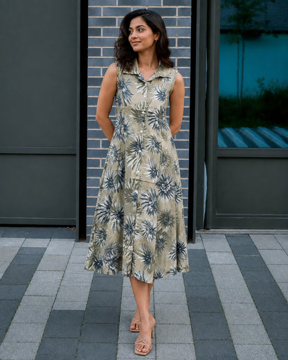 Tropical Leaf Print Sleeveless Collared Rayon Midi Dress