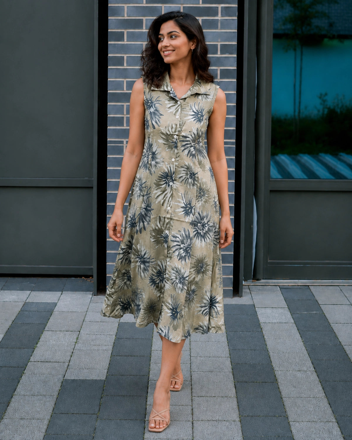 Tropical Leaf Print Sleeveless Collared Rayon Midi Dress