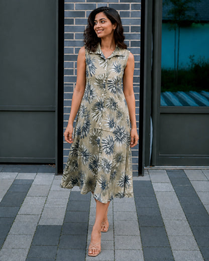Tropical Leaf Print Sleeveless Collared Rayon Midi Dress