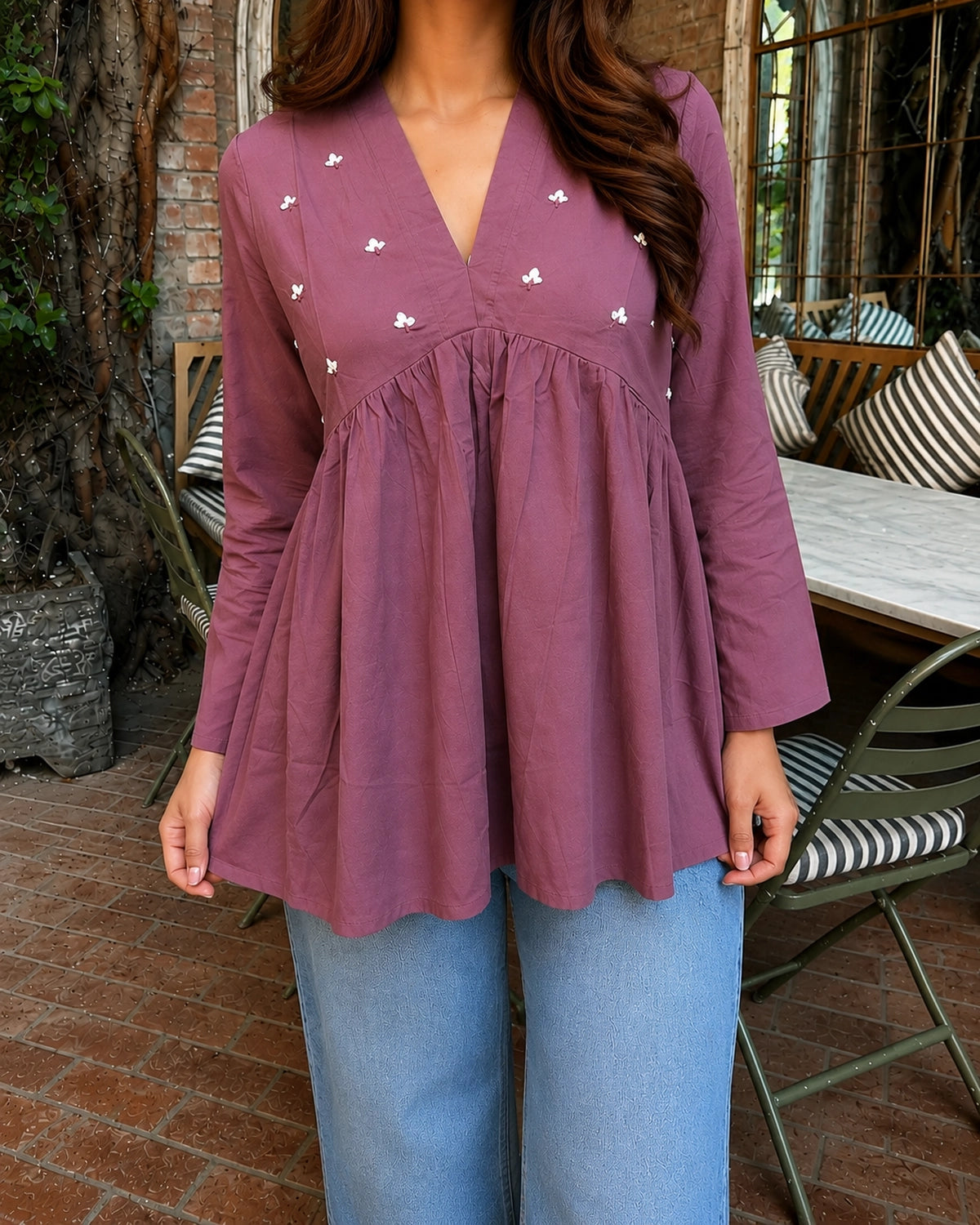 Floral Embroidered V-Neck Peplum Cotton Kurti