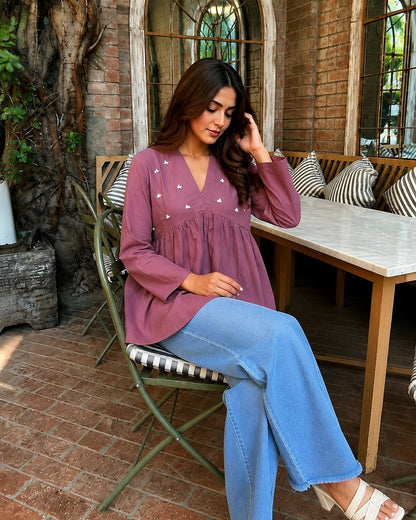 Floral Embroidered V-Neck Peplum Cotton Kurti