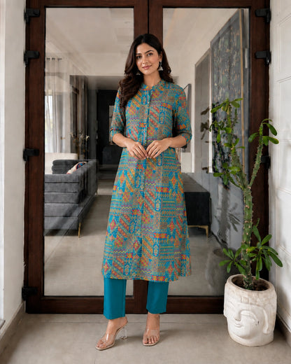 Teal Patchwork Geometric Print Viscose Kurta Pant Set