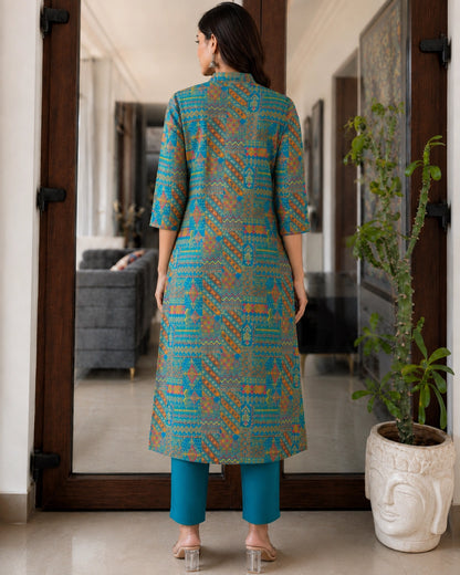 Teal Patchwork Geometric Print Viscose Kurta Pant Set
