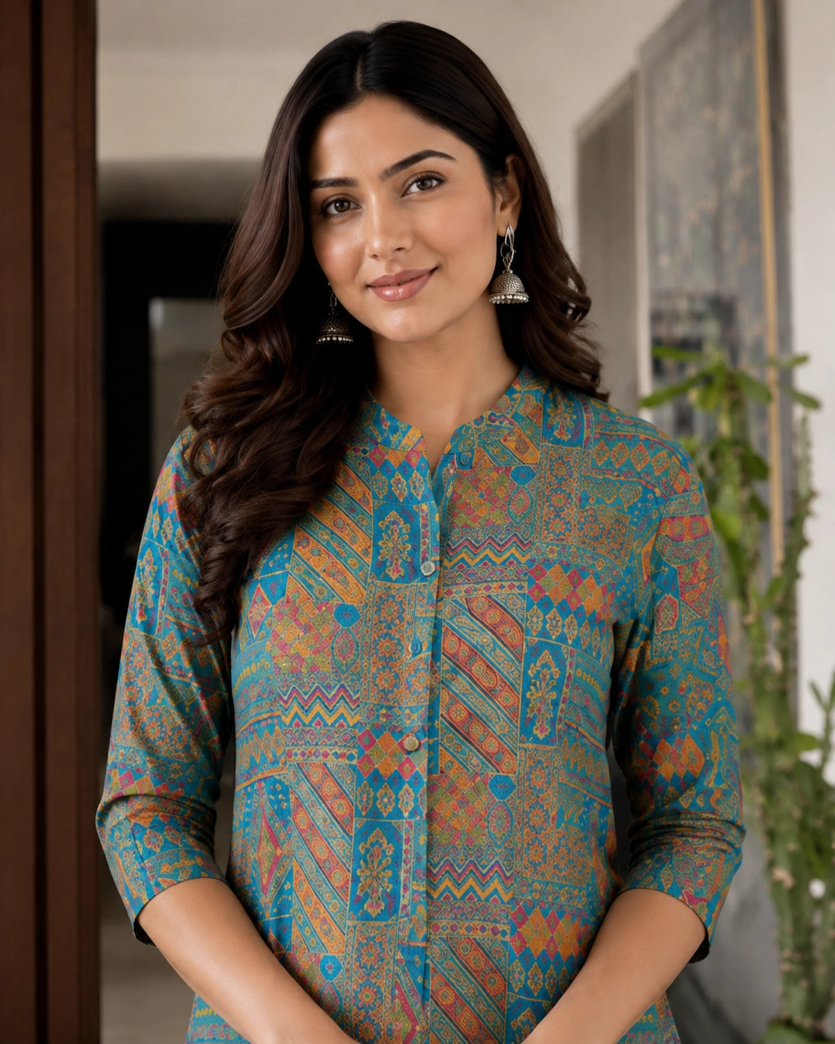 Teal Patchwork Geometric Print Viscose Kurta Pant Set