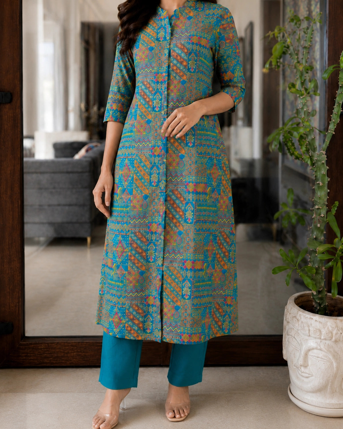 Teal Patchwork Geometric Print Viscose Kurta Pant Set