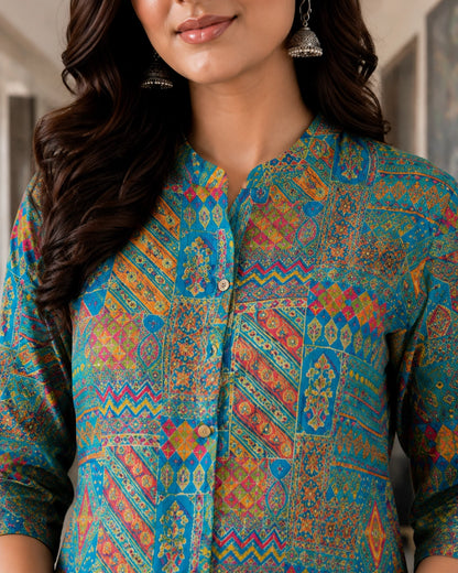 Teal Patchwork Geometric Print Viscose Kurta Pant Set