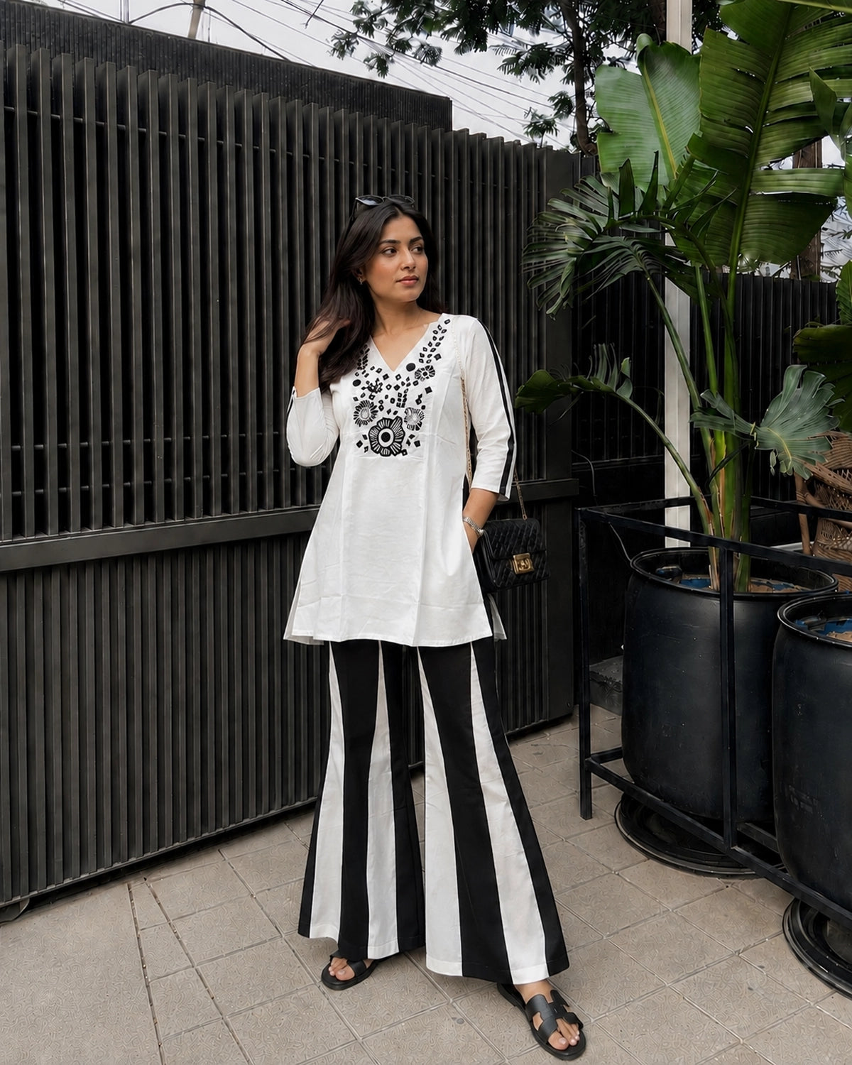 Floral Embroidered V-Neck Flared Cotton Co-ord Set