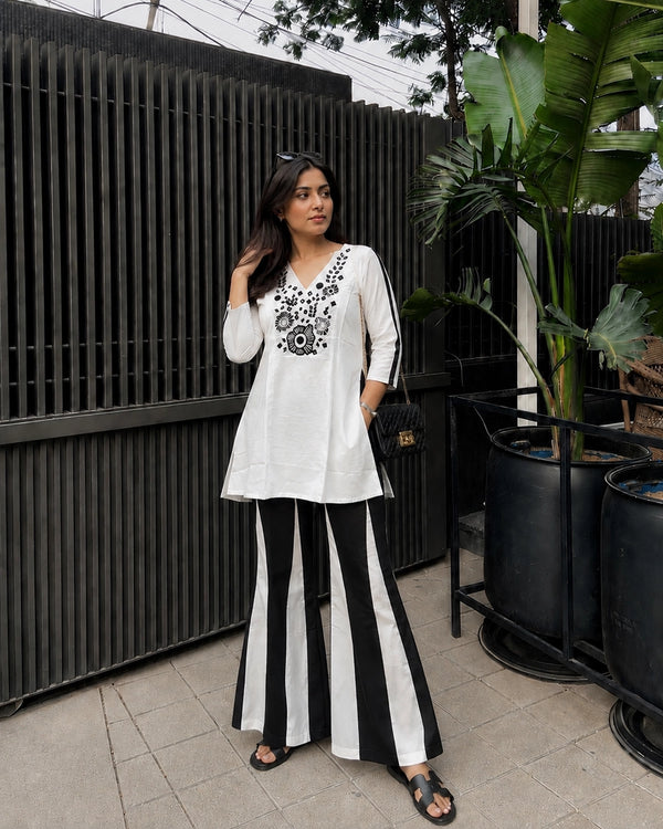 Floral Embroidered V-Neck Flared Cotton Co-ord Set