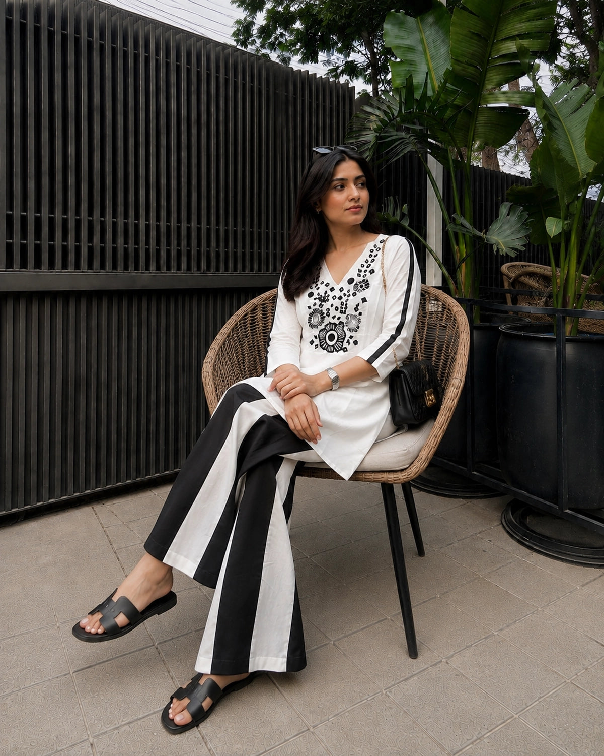 Floral Embroidered V-Neck Flared Cotton Co-ord Set