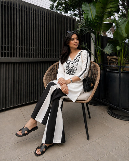 Floral Embroidered V-Neck Flared Cotton Co-ord Set