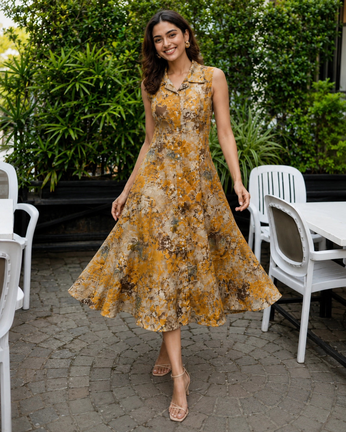 Mustard Watercolor Floral Sleeveless Collared Midi Dress
