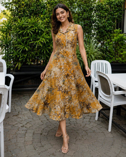 Mustard Watercolor Floral Sleeveless Collared Midi Dress