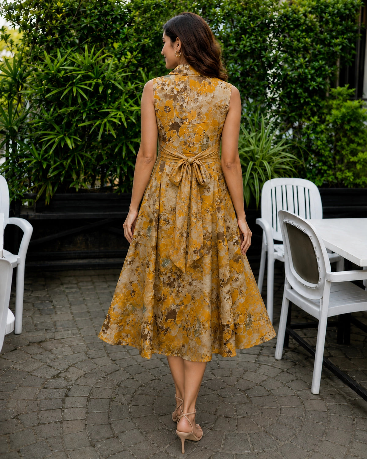 Mustard Watercolor Floral Sleeveless Collared Midi Dress