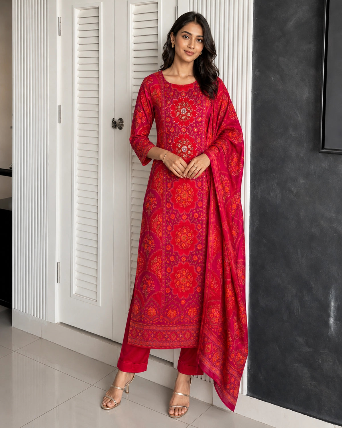 Red Mandala Floral Print Chinon Kurta Pant Dupatta Set