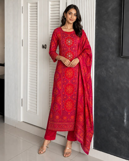 Red Mandala Floral Print Chinon Kurta Pant Dupatta Set