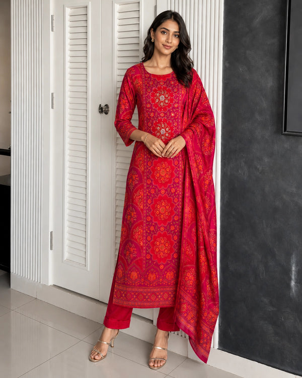 Red Mandala Floral Print Chinon Kurta Pant Dupatta Set — image 1