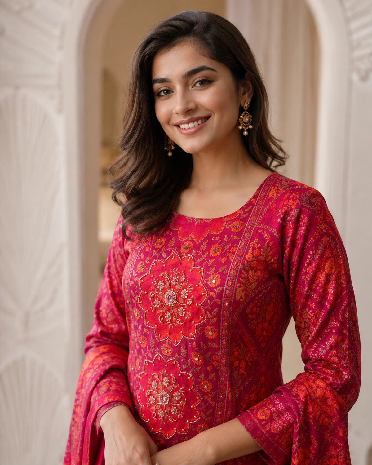 Red Mandala Floral Print Chinon Kurta Pant Dupatta Set