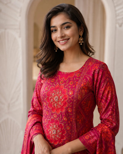 Red Mandala Floral Print Chinon Kurta Pant Dupatta Set