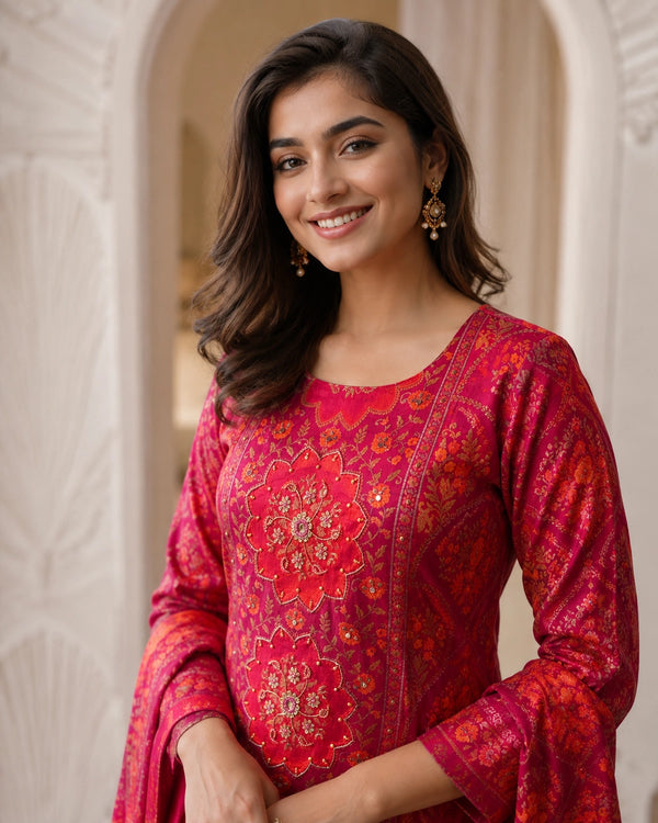 Red Mandala Floral Print Chinon Kurta Pant Dupatta Set — image 2
