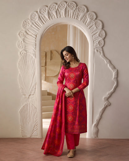 Red Mandala Floral Print Chinon Kurta Pant Dupatta Set