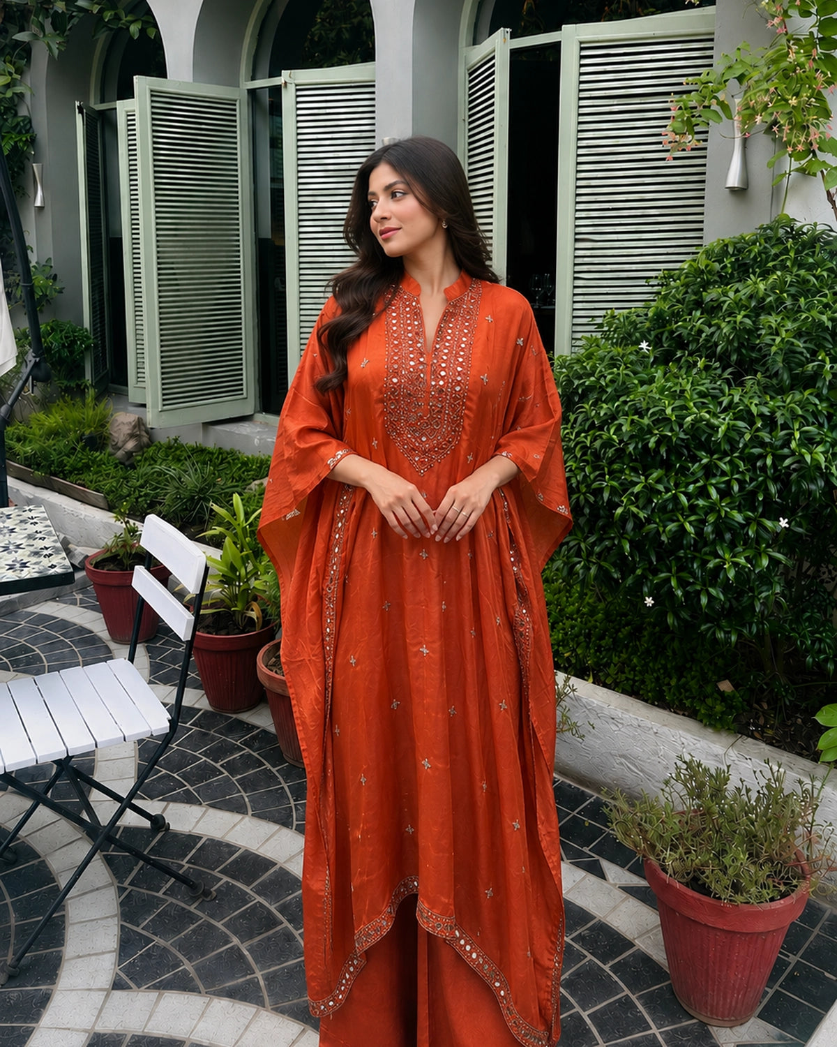 Rust Orange Mirror Embroidered Chinon Kaftan Set
