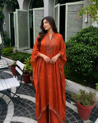 Rust Orange Mirror Embroidered Chinon Kaftan Set