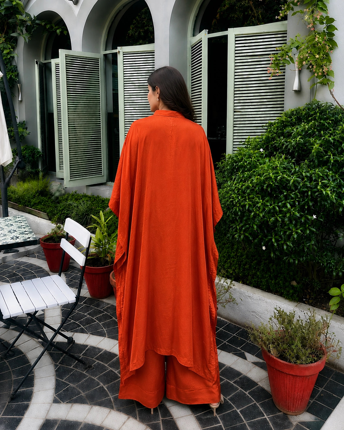 Rust Orange Mirror Embroidered Chinon Kaftan Set