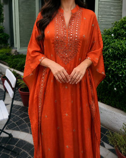 Rust Orange Mirror Embroidered Chinon Kaftan Set