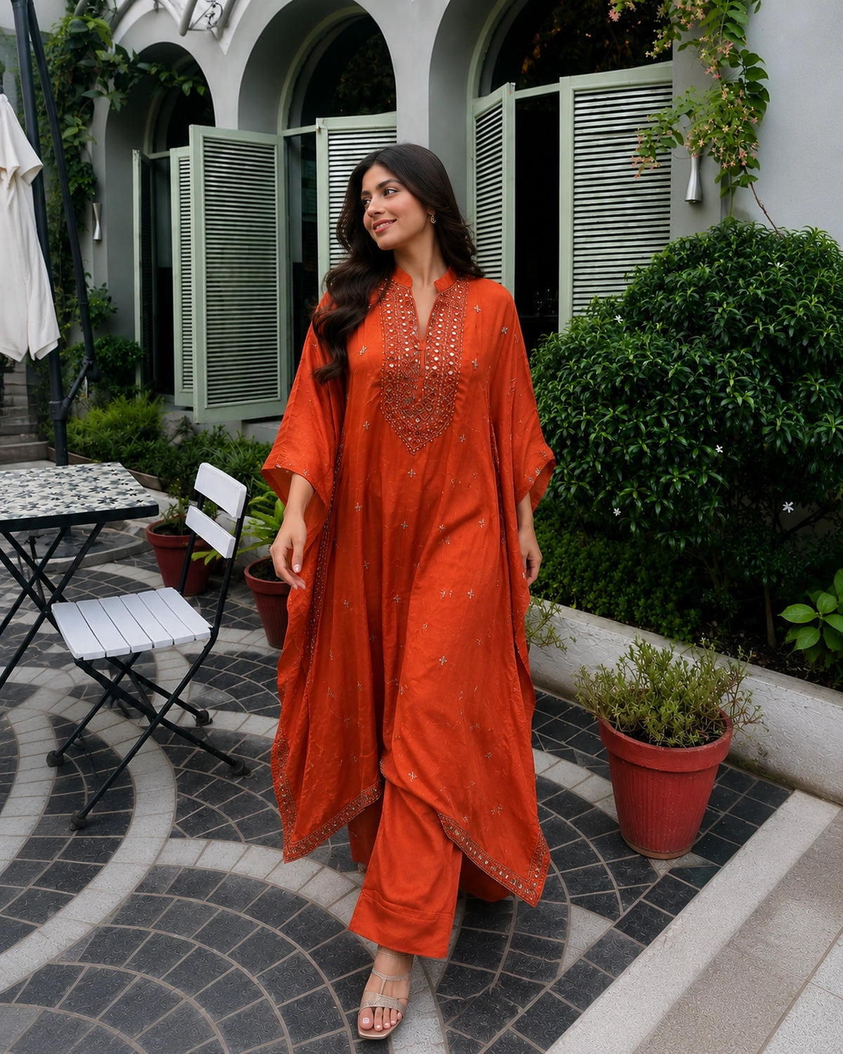 Rust Orange Mirror Embroidered Chinon Kaftan Set