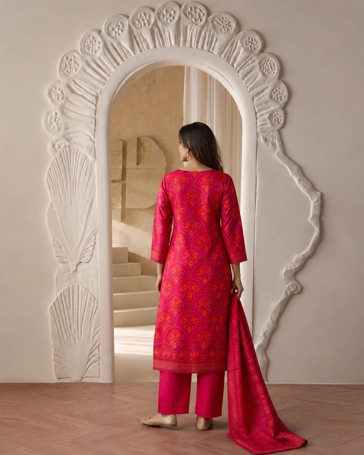 Red Mandala Floral Print Chinon Kurta Pant Dupatta Set