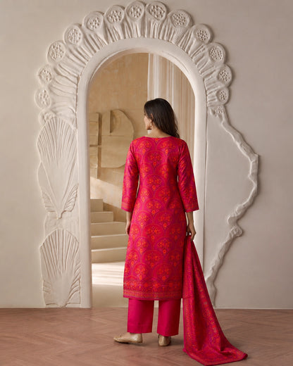 Red Mandala Floral Print Chinon Kurta Pant Dupatta Set