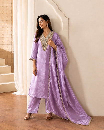 Lilac Mirror Embroidered V-Neck Georgette Kurta Set