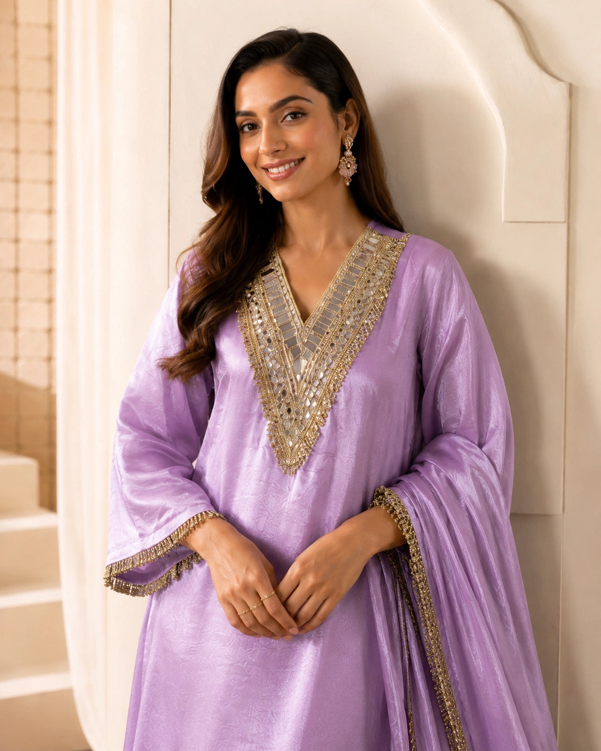 Lilac Mirror Embroidered V-Neck Georgette Kurta Set