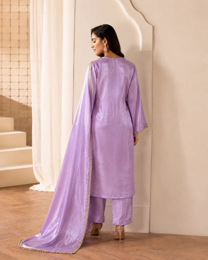 Lilac Mirror Embroidered V-Neck Georgette Kurta Set