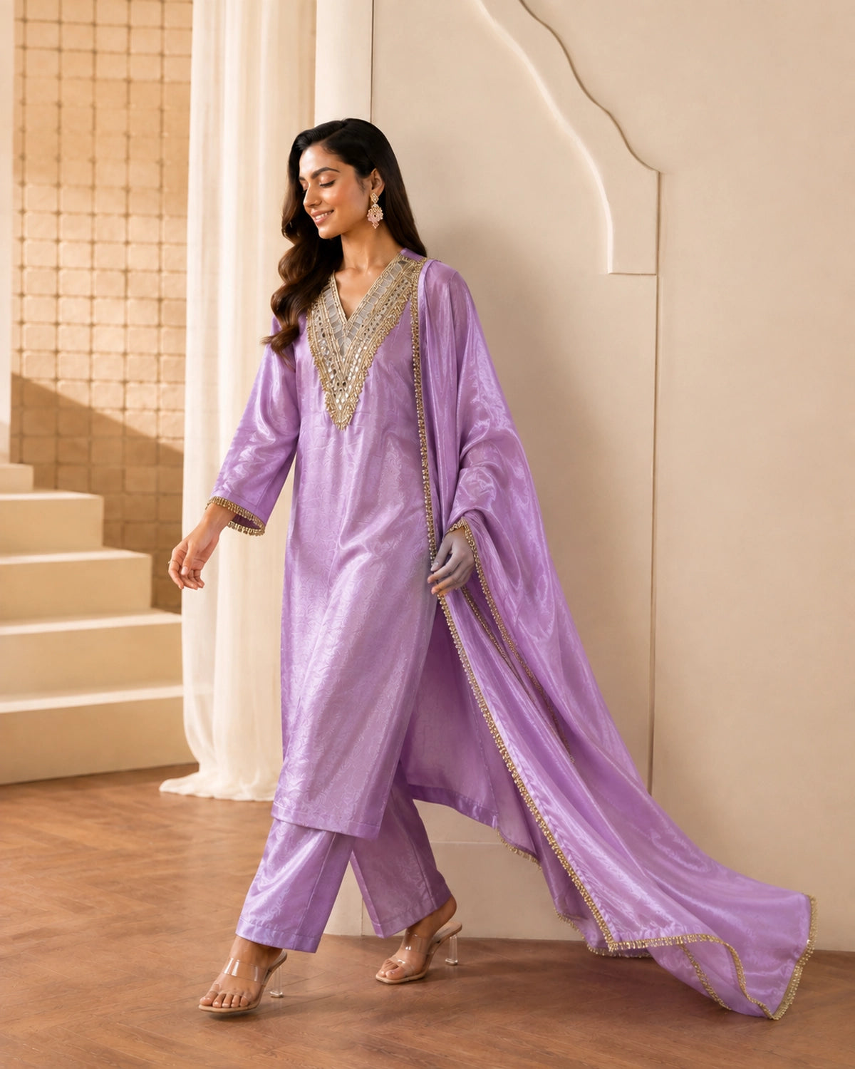 Lilac Mirror Embroidered V-Neck Georgette Kurta Set