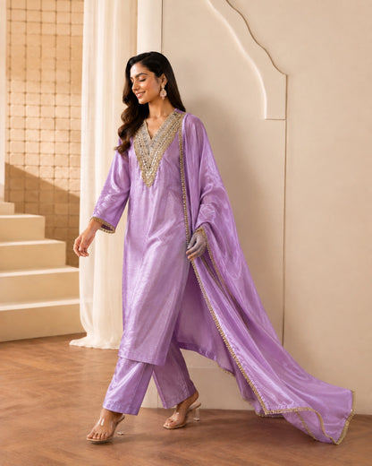 Lilac Mirror Embroidered V-Neck Georgette Kurta Set