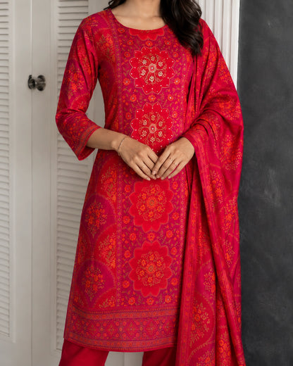 Red Mandala Floral Print Chinon Kurta Pant Dupatta Set