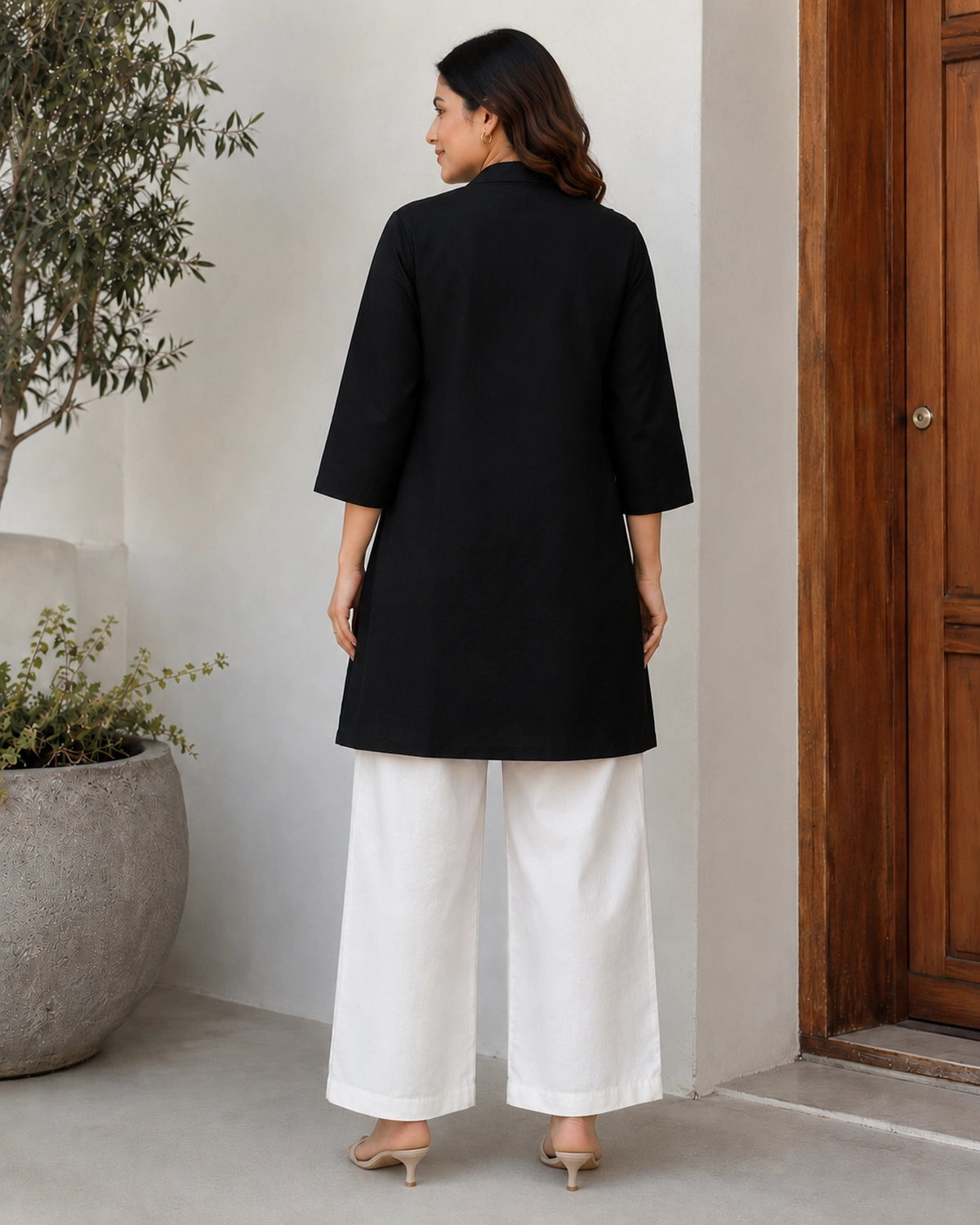 Embroidered V-Neck Three-Quarter Sleeve Cotton Kurti