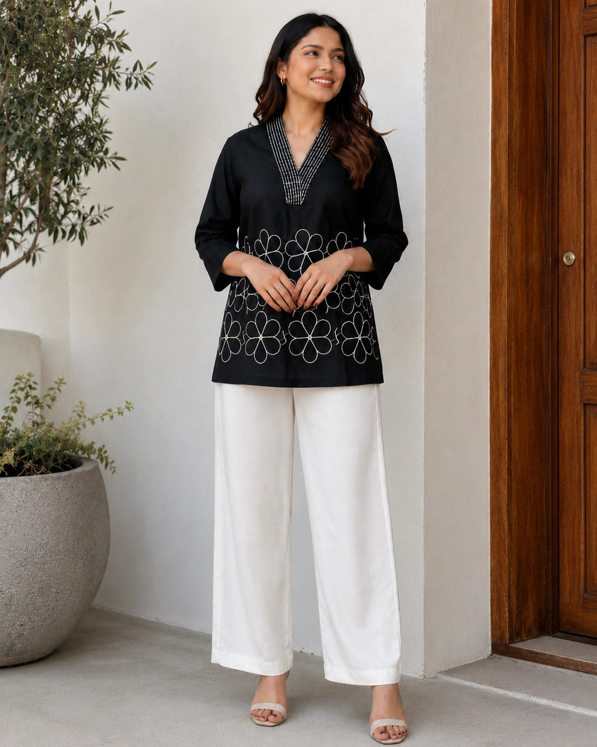 Embroidered V-Neck Three-Quarter Sleeve Cotton Kurti
