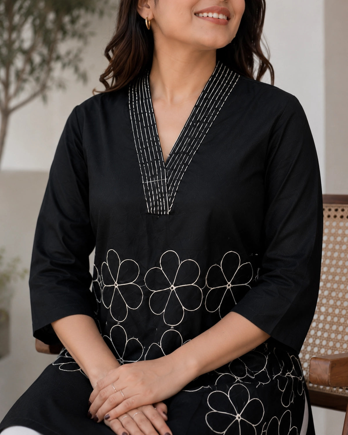 Embroidered V-Neck Three-Quarter Sleeve Cotton Kurti