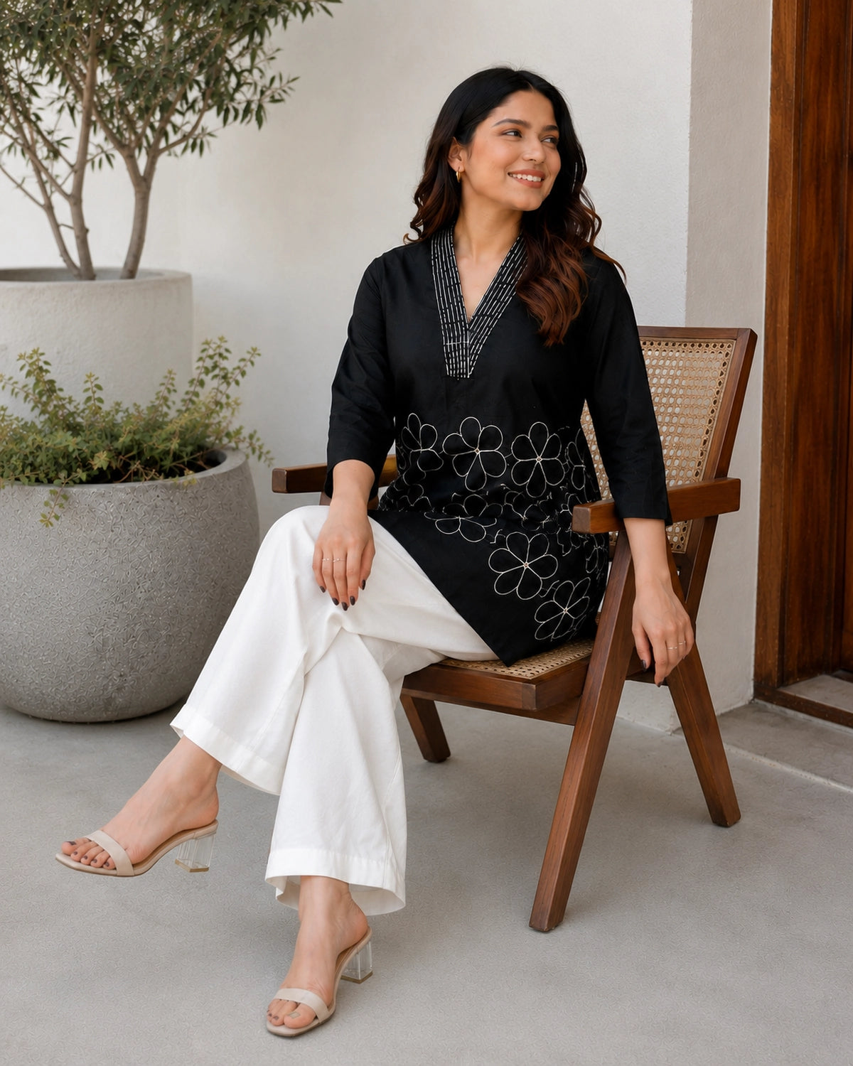 Embroidered V-Neck Three-Quarter Sleeve Cotton Kurti
