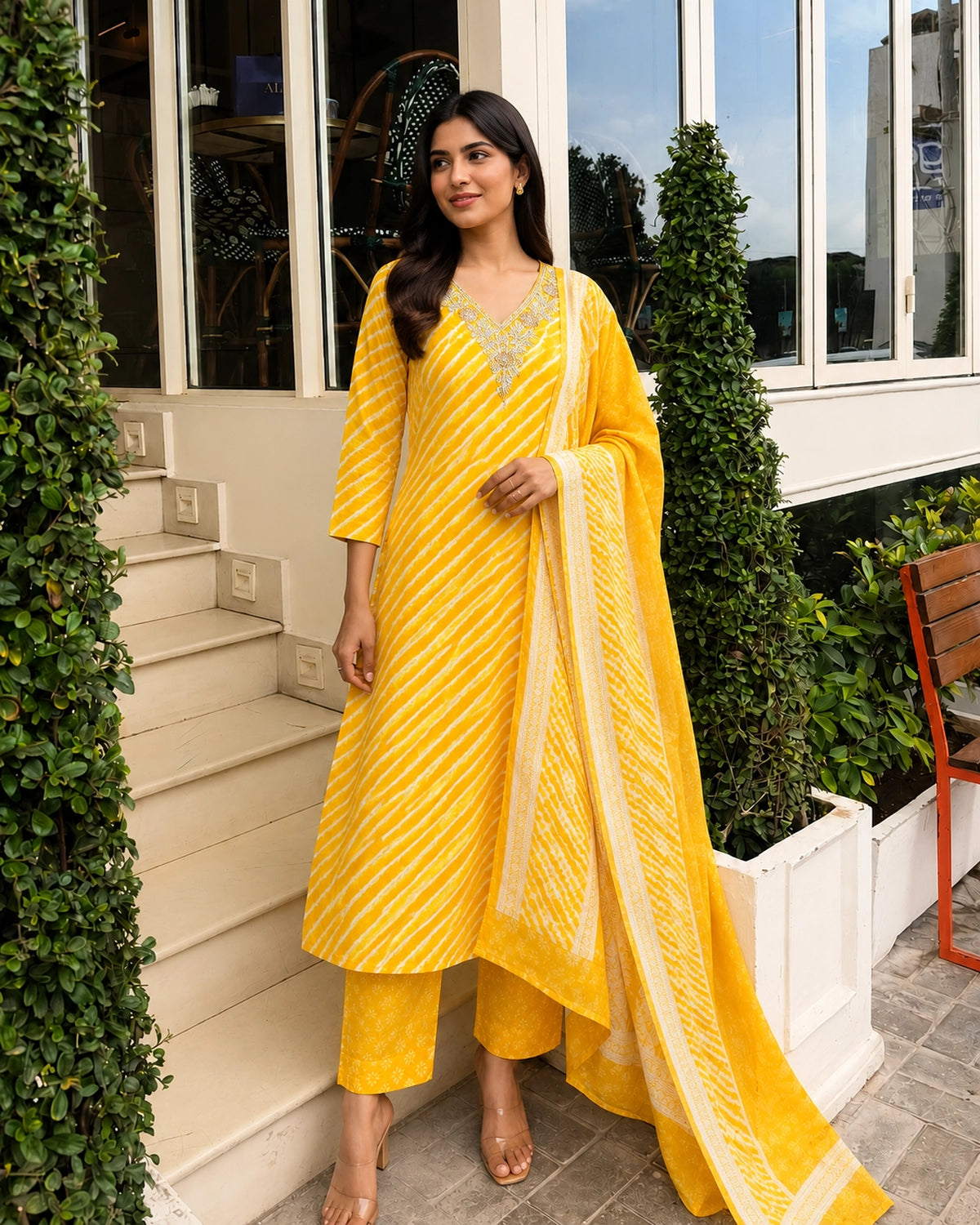 Leheriya Stripe Print Cotton Kurta Pant Dupatta Set