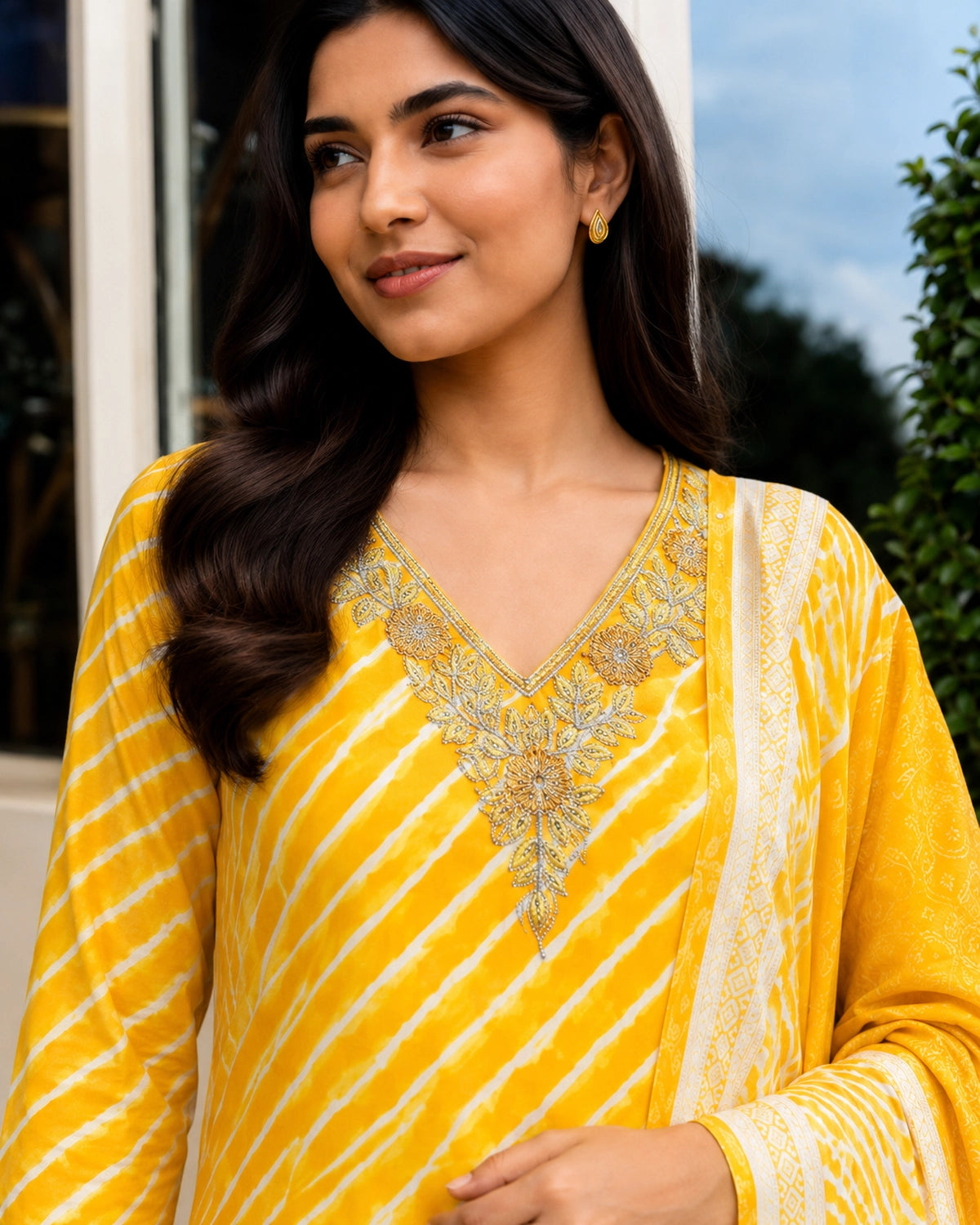 Leheriya Stripe Print Cotton Kurta Pant Dupatta Set