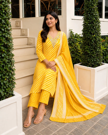 Leheriya Stripe Print Cotton Kurta Pant Dupatta Set