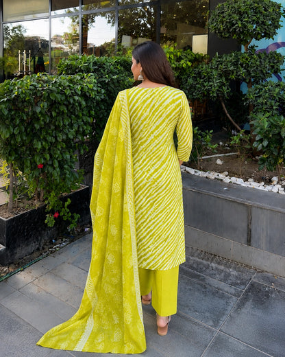 Leheriya Stripe Print Cotton Kurta Pant Dupatta Set
