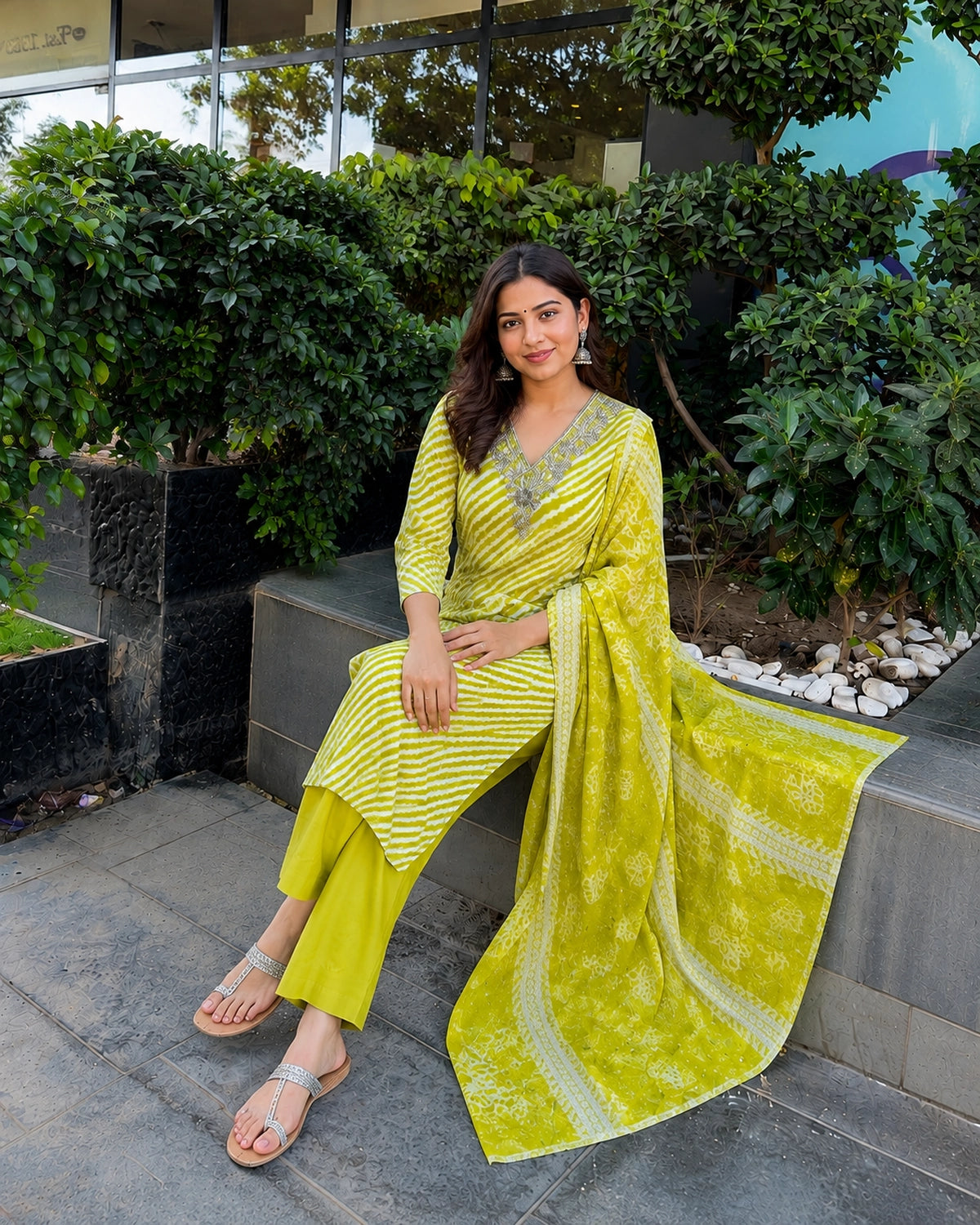 Leheriya Stripe Print Cotton Kurta Pant Dupatta Set