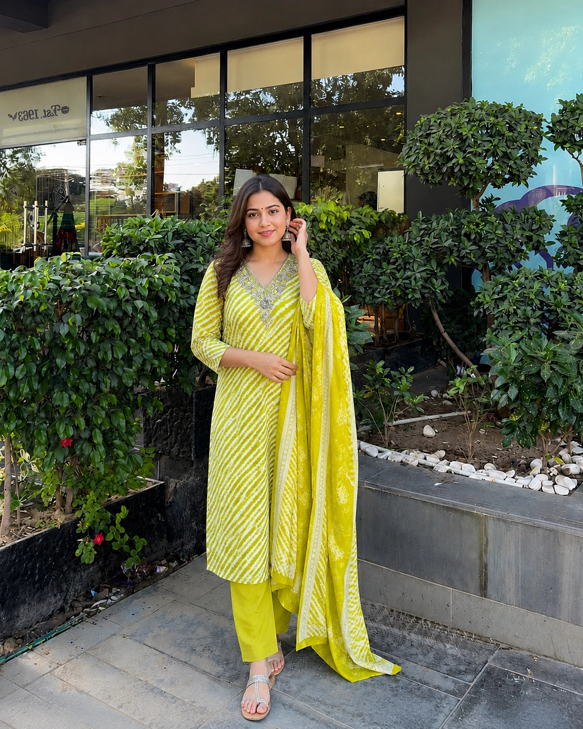 Leheriya Stripe Print Cotton Kurta Pant Dupatta Set