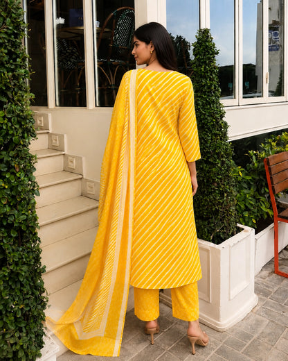 Leheriya Stripe Print Cotton Kurta Pant Dupatta Set