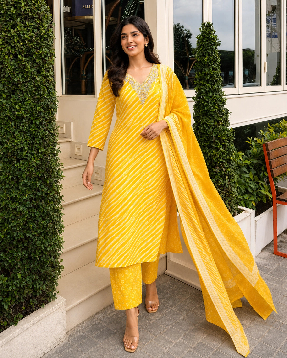 Leheriya Stripe Print Cotton Kurta Pant Dupatta Set